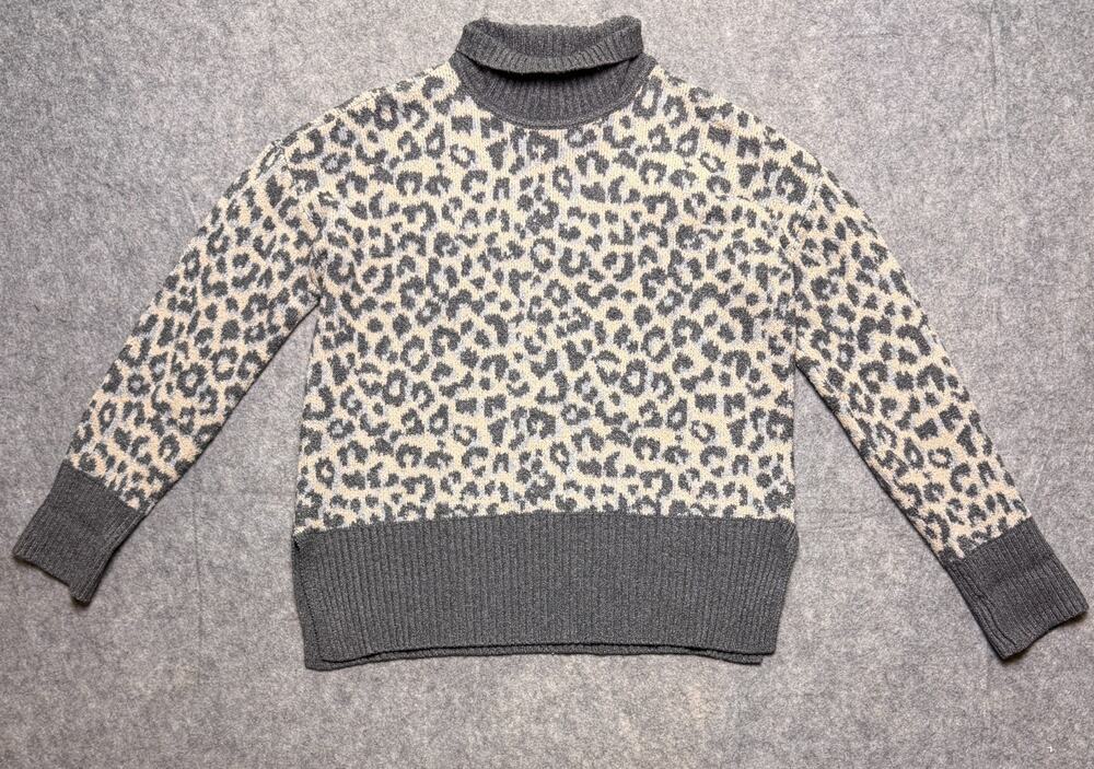 Marled Reunited Clothing Womens M Leopard Print Turtleneck Sweater Gray Tan Soft